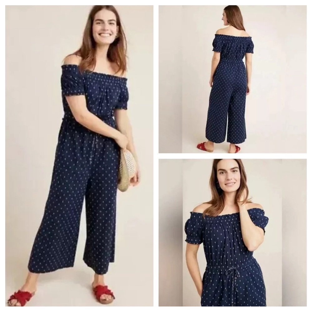 By Anthropologie Off The Shoulder Ankle Wide Leg Embroidered Jumpsuit size S